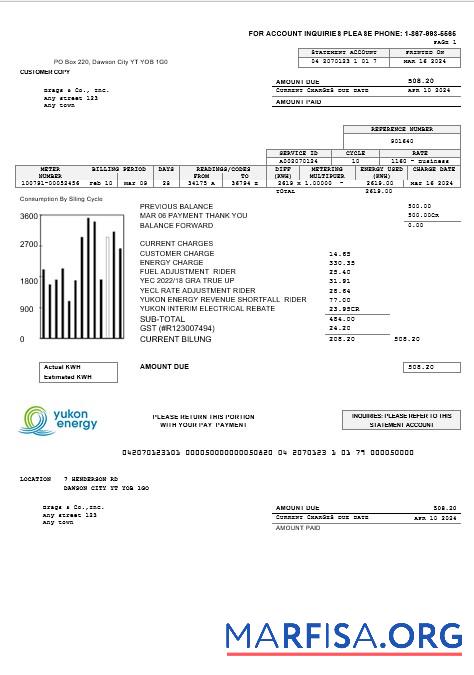 Downloadable Canada Yukon Energy business utility bill template in Word and PDF formats